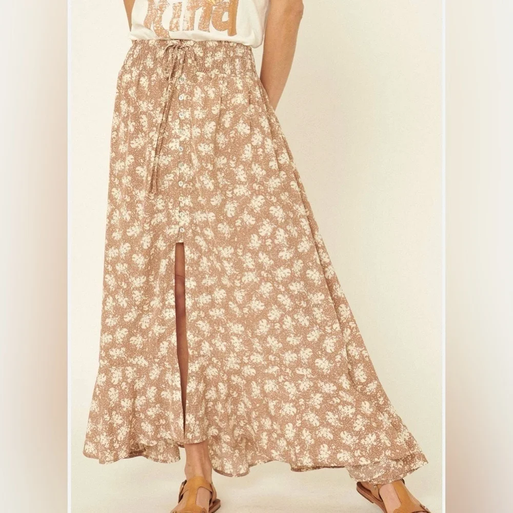 Promesa Floral Button-Front Ruffled Drawstring Maxi Skirt size small